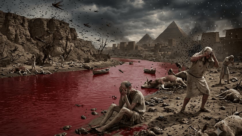 Homens aflitos junto a um rio vermelho, com gado morto, rãs, gafanhotos e pirâmides ao fundo.