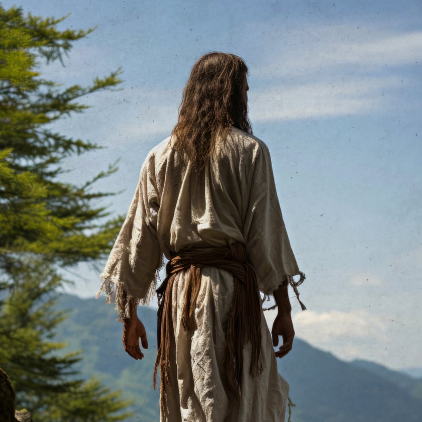 Homem de costas, com cabelo comprido e túnica clara, observa montanhas ao lado de um pinheiro.