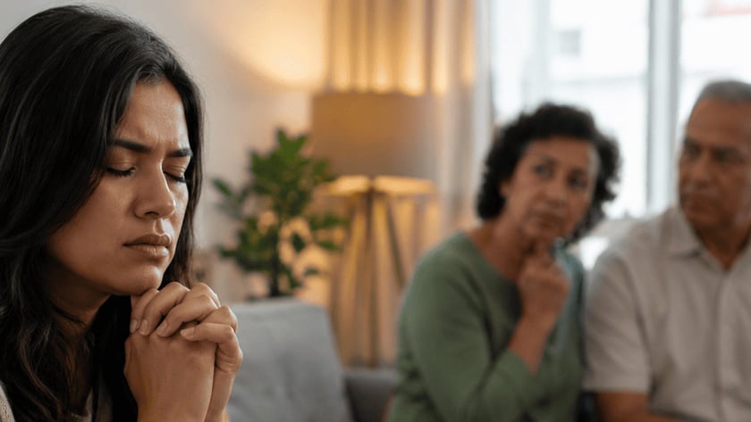 Mulher de olhos fechados e mãos juntas no sofá, com um casal de idosos ao fundo.