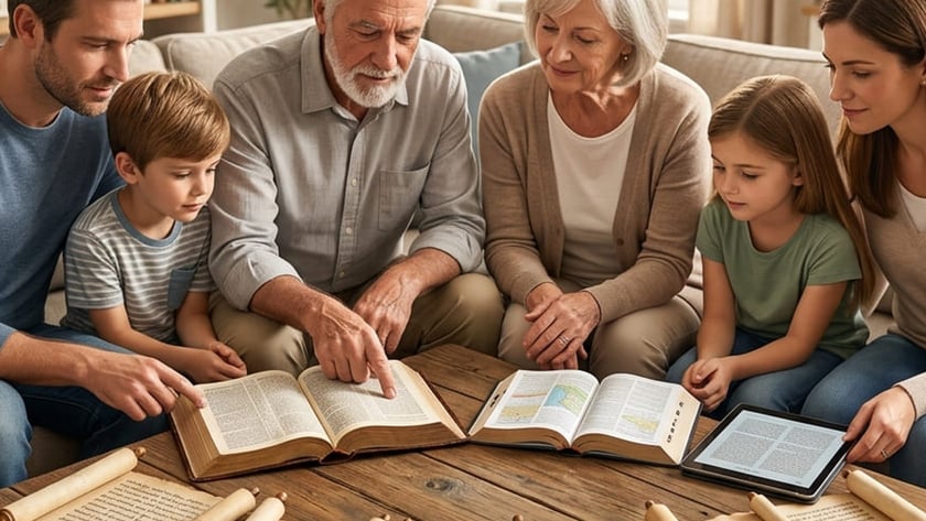 Família de três gerações lê Bíblias, pergaminhos e um tablet sobre a mesa da sala.