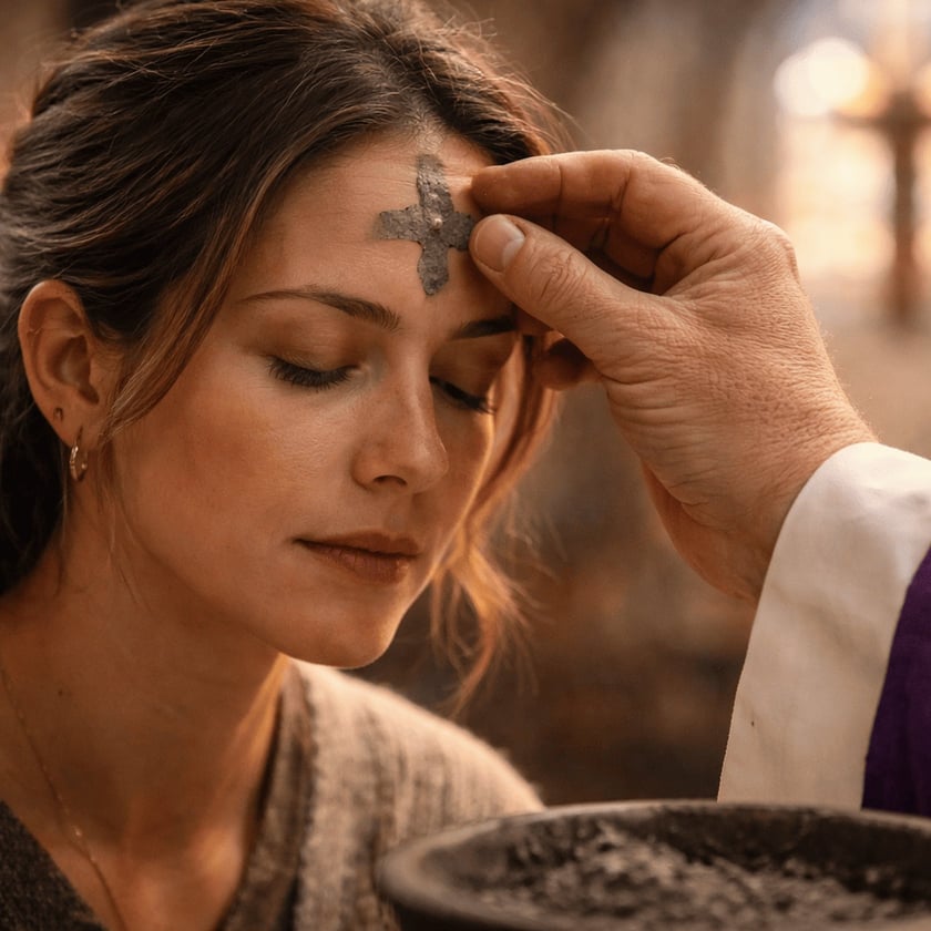 Padre com veste roxa marca uma cruz de cinzas na testa de uma mulher.
