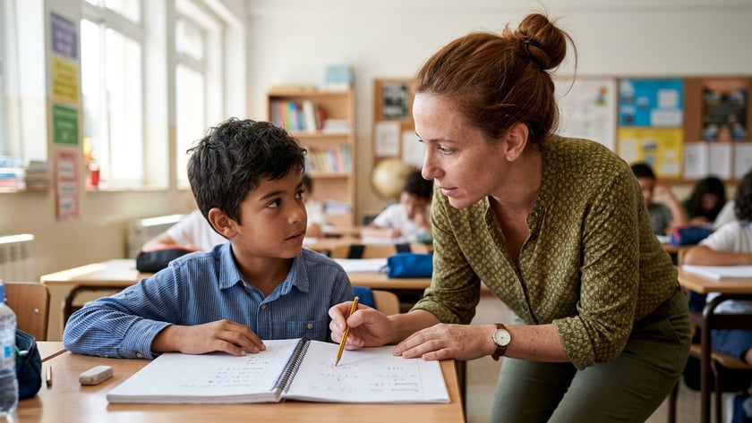 Professora ruiva se inclina e aponta com um lápis o caderno de um menino em sala de aula.
