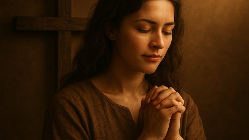 Mulher de cabelos longos e escuros, de olhos fechados e mãos postas, ao lado de uma cruz de madeira.