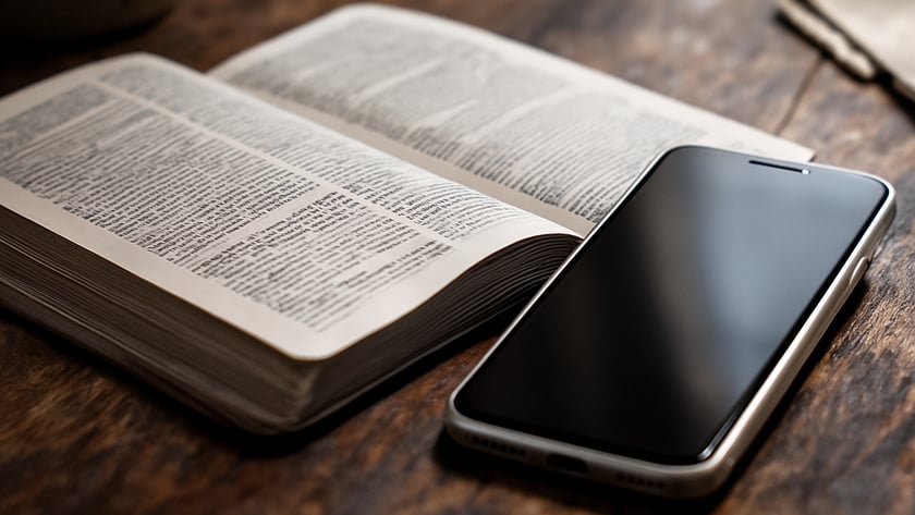 Livro aberto e celular de tela apagada lado a lado sobre mesa de madeira rústica.