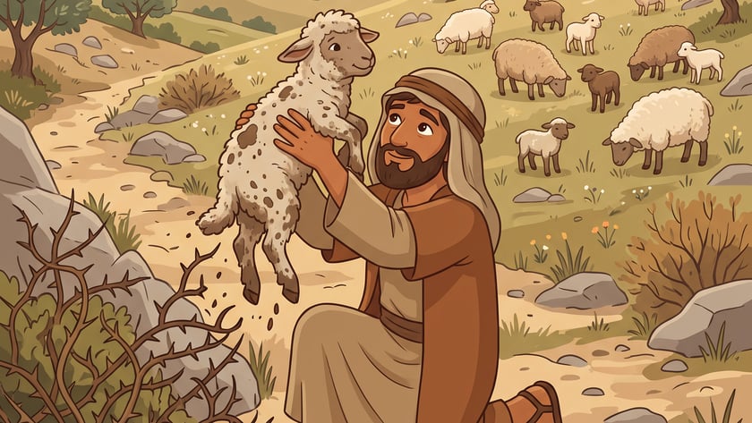 Pastor ajoelhado ergue uma ovelha suja de lama perto de espinhos; rebanho pasta ao fundo.