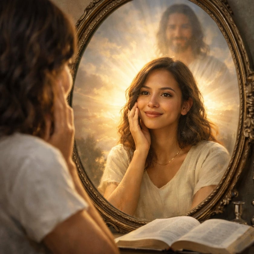 Mulher sorri diante de um espelho oval que reflete uma figura masculina de cabelos longos atrás
