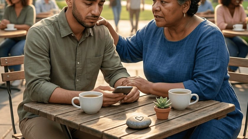 Mulher mais velha consola homem chorando com celular em mesa de café ao ar livre.