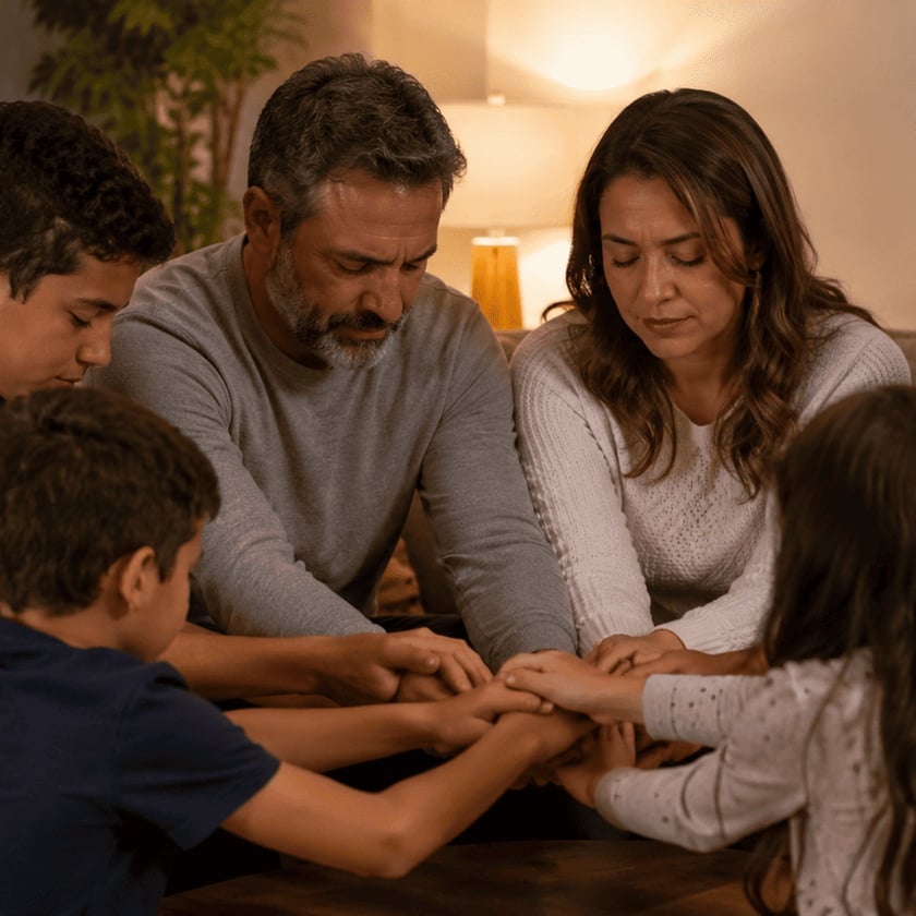 Família sentada na sala, de olhos fechados, com as mãos unidas sobre a mesa de centro.