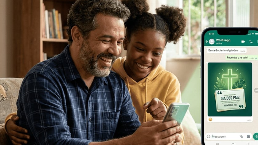 Homem e menina sorriem olhando um celular; na tela, mensagem "Dia dos Pais".