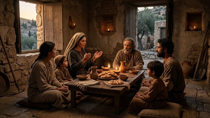 Família em túnicas simples reunida em volta de uma mesa baixa com pães, jarros e lamparinas.