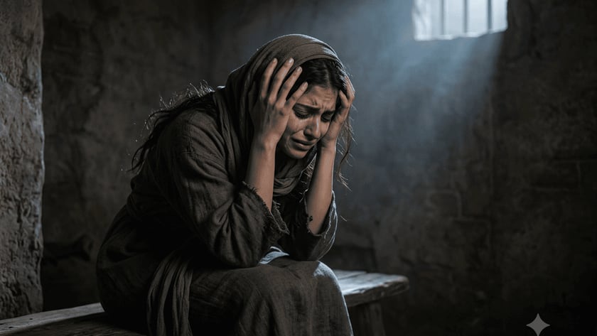 Mulher de lenço na cabeça chora com as mãos na cabeça, sentada em cela com janela gradeada.