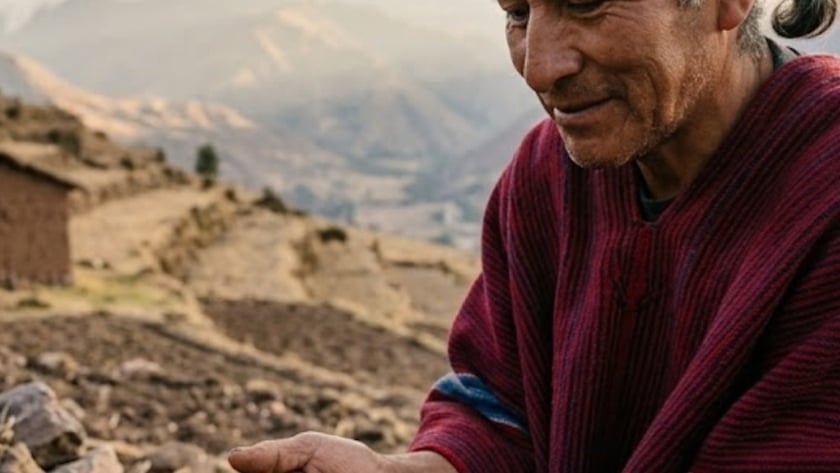 Homem de gorro e poncho vermelho segura sementes nas mãos, em terreno de montanha.