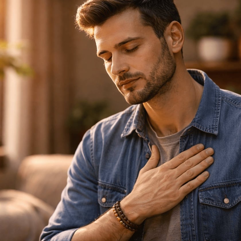 Homem de barba, com camisa jeans, olhos fechados e mão no peito, sentado em um sofá.