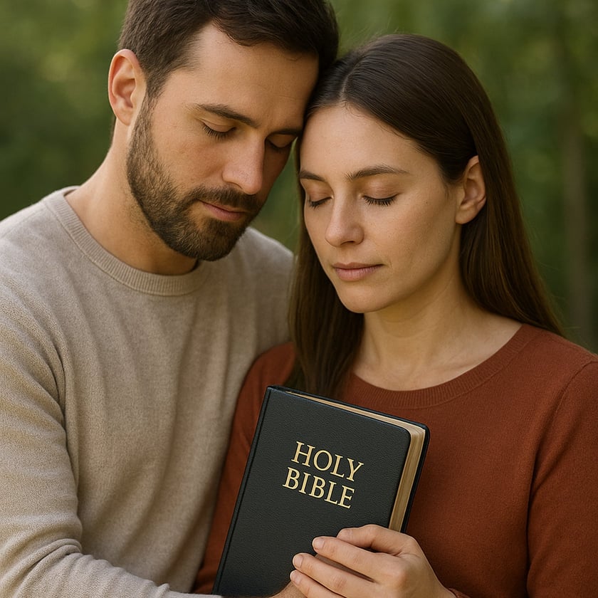 Homem e mulher de olhos fechados, encostando as testas, seguram uma Bíblia ao ar livre: "HOLY BIBLE"