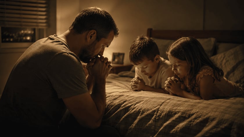 Homem e duas crianças de mãos postas, de cabeça baixa, rezando ao lado de uma cama.