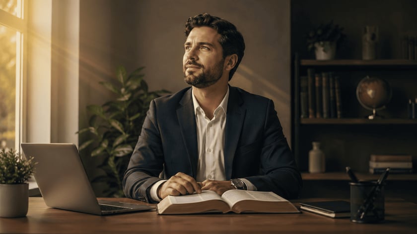 Homem de terno e barba sentado à mesa, olhando para a janela, com laptop e livro aberto.