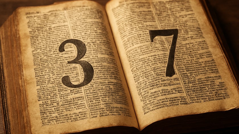 Livro antigo aberto sobre mesa de madeira, com os números "3" e "7" nas páginas.