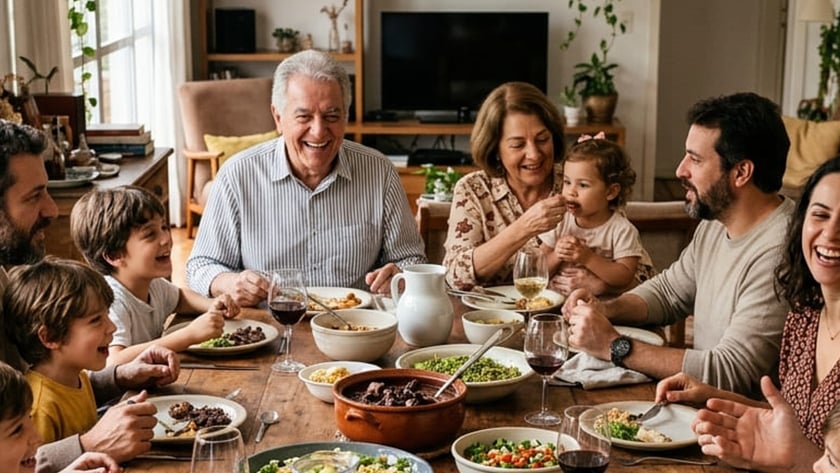 Família de várias gerações almoça sorrindo em volta de uma grande mesa de madeira.