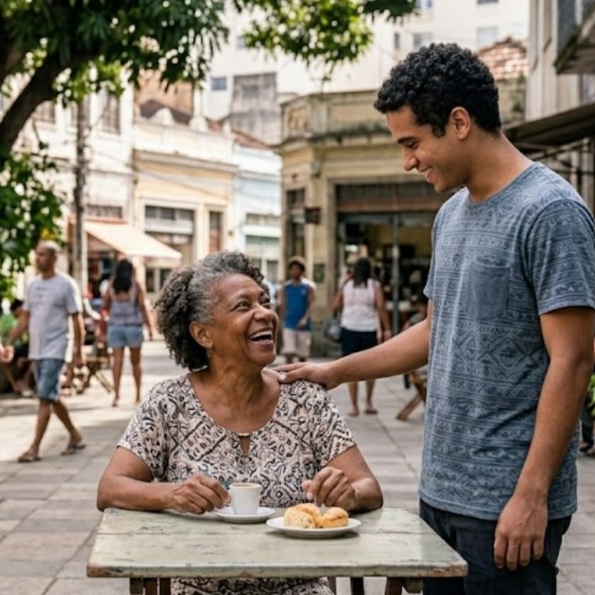 Idosa sorri à mesa de café numa praça enquanto jovem toca seu ombro.