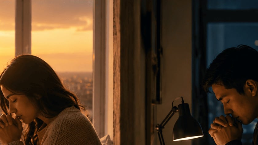 Mulher de cabelo escuro, com as mãos postas, ora num quarto ao pôr do sol.