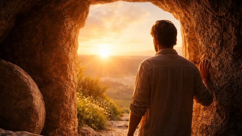 Homem de costas, dentro de uma caverna de pedra, olha o sol nascendo sobre vales.