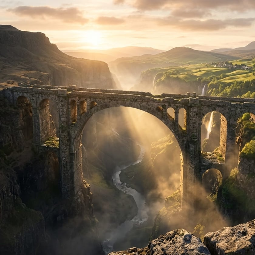 Antiga ponte de pedra com arcos sobre desfiladeiro verde com cachoeiras e rio.