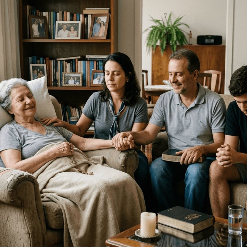Família reunida na sala de estar de mãos dadas, rezando ao lado de idosa deitada na poltrona.