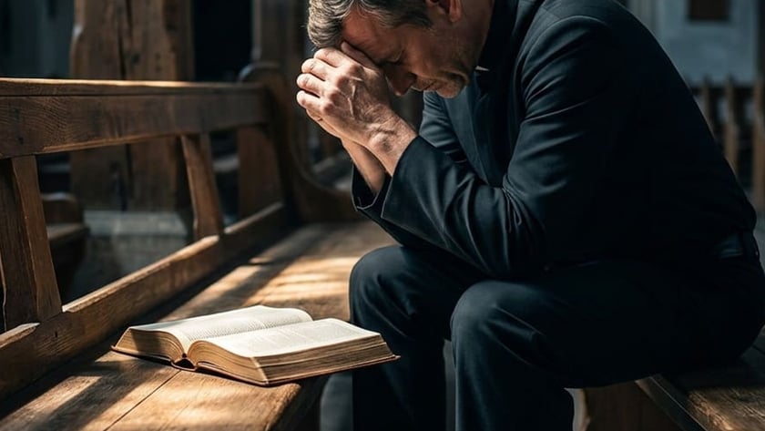 Homem de roupa escura, sentado num banco de igreja, inclina a cabeça sobre as mãos unidas
