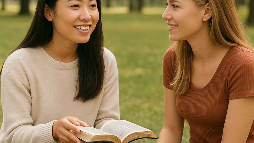 Duas mulheres sentadas na grama de um parque conversam, uma segurando uma Bíblia aberta.