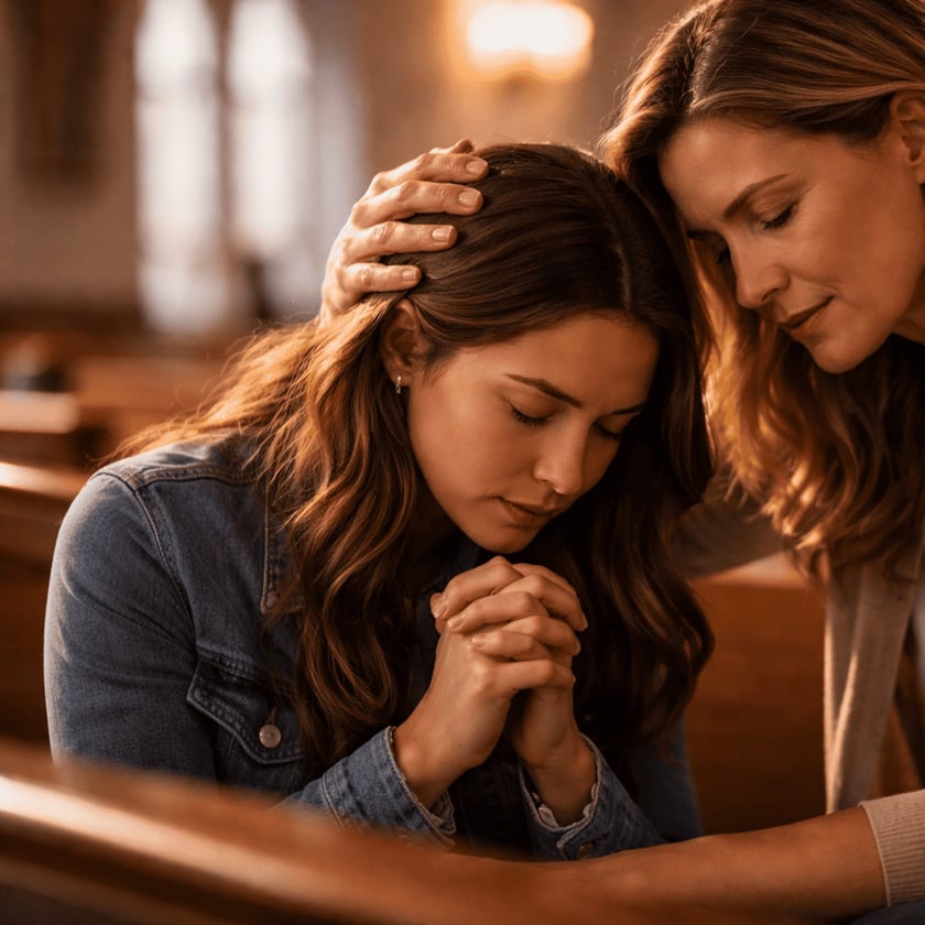 Duas mulheres em um banco de igreja, uma de mãos postas e a outra tocando sua cabeça.