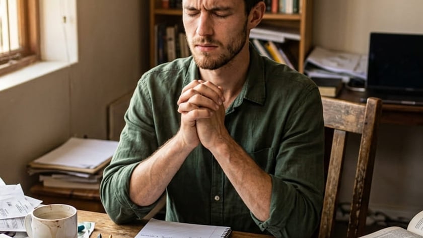 Homem de camisa verde, de olhos fechados e mãos juntas, sentado à mesa cheia de papéis e livros.