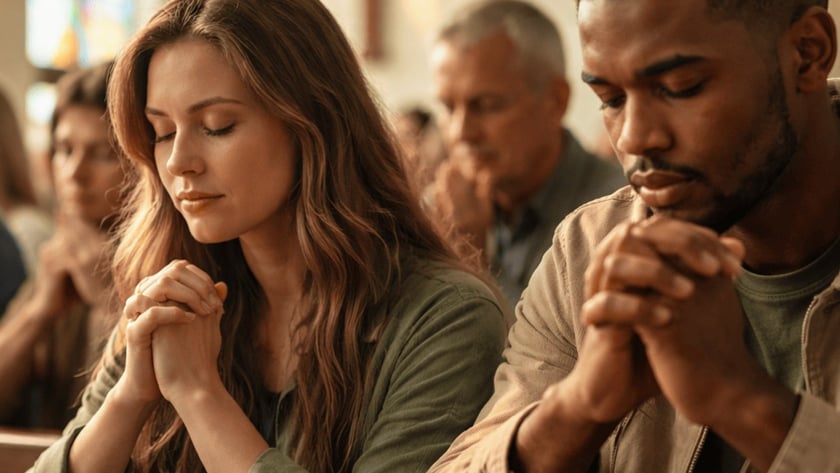 Mulher de olhos fechados e mãos unidas reza num banco de igreja, ao lado de outros fiéis.