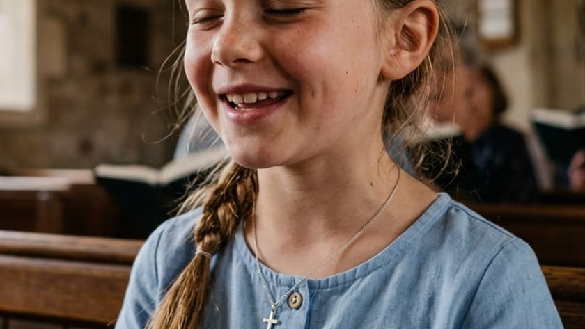 Menina de tranças sorri de olhos fechados, com um colar de cruz, sentada em um banco de igreja.