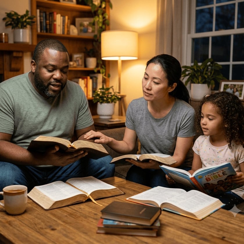 Família lê a Bíblia na sala: homem, mulher e menina com livros abertos.