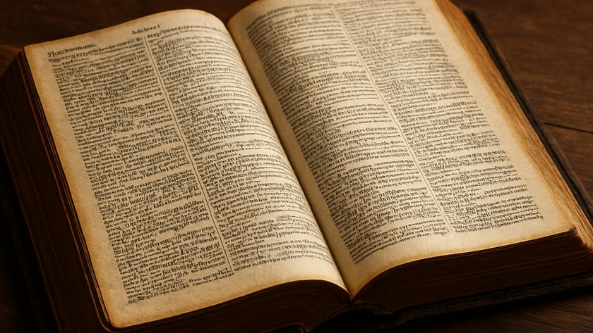 Livro antigo aberto sobre uma mesa de madeira escura, com páginas de texto em duas colunas.