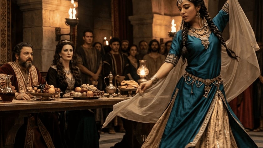 Mulher de vestido azul dança em salão de pedra diante de convidados à mesa.