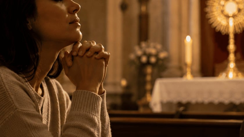 Mulher de olhos fechados e mãos postas reza num banco de igreja diante de um ostensório dourado.