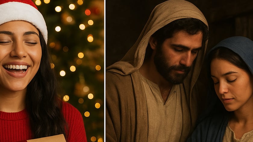 Mulher sorrindo com gorro de Natal segura presente; ao lado, casal embala recém-nascido.