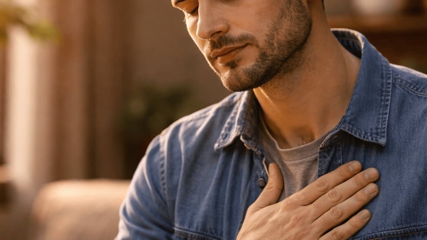 Homem de barba, com camisa jeans, olhos fechados e mão no peito, sentado em um sofá.