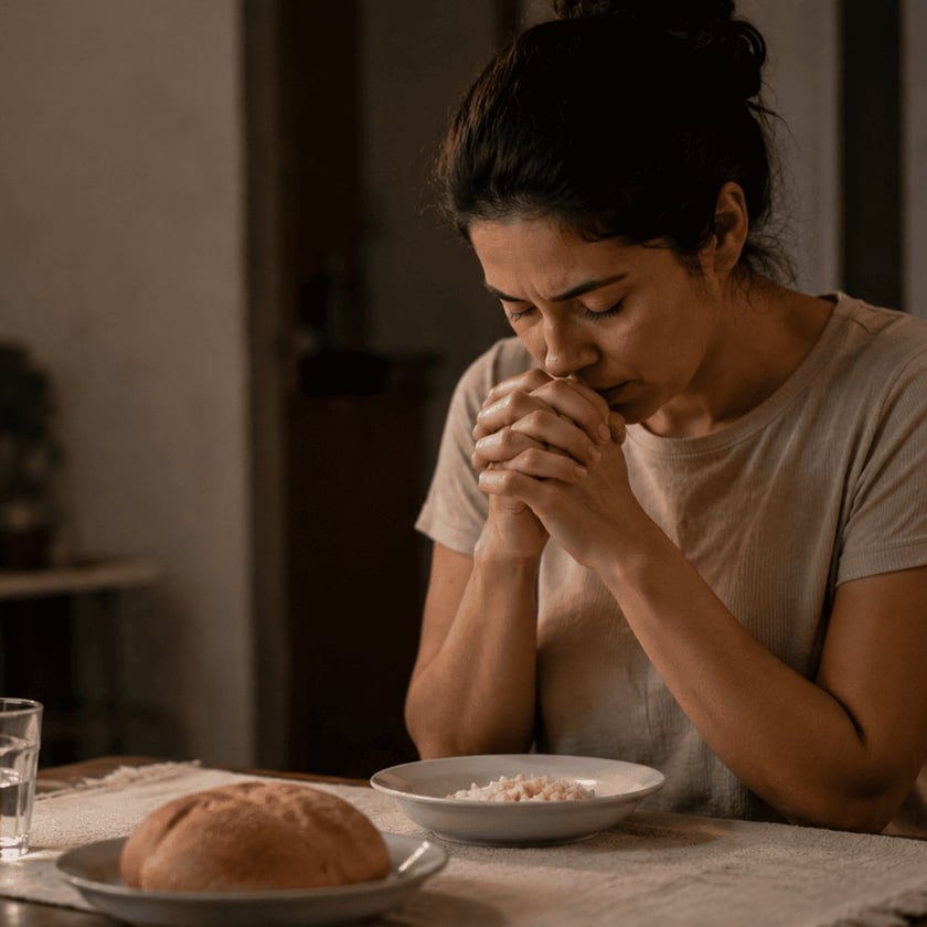 Mulher de olhos fechados e mãos juntas diante de pão, arroz e copo d'água.