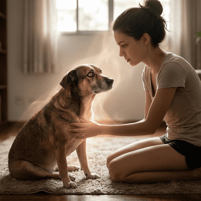 Mulher ajoelhada em uma sala acaricia o peito de um cachorro sentado no tapete.