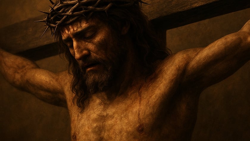 Homem barbado com coroa de espinhos, de olhos fechados, pregado em uma cruz de madeira.