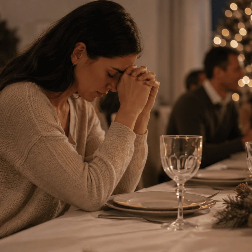 Mulher de cabeça baixa e mãos unidas à mesa de Natal posta, com pessoas ao fundo.