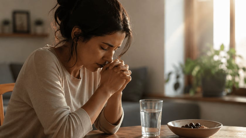 Mulher de olhos fechados e mãos postas, sentada à mesa ao lado de um copo d'água.