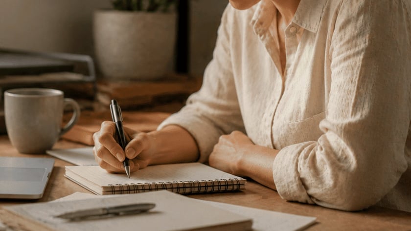 Mulher de cabelo preso escreve em um caderno numa mesa com laptop e caneca.