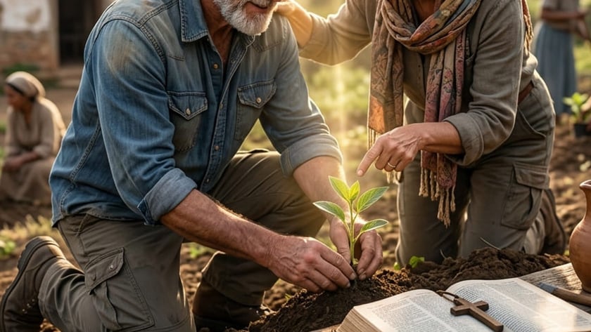 Casal de idosos planta uma muda na terra, ao lado de uma Bíblia aberta com crucifixo.