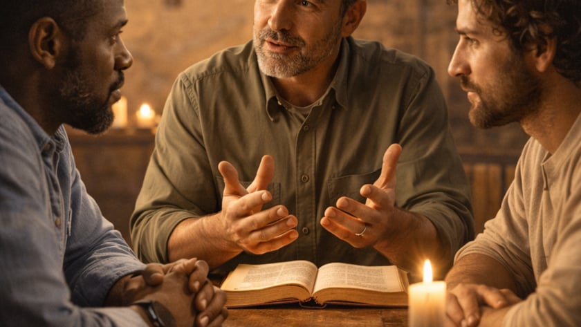 Três homens conversam à mesa com Bíblias abertas e velas acesas, diante de uma cruz.