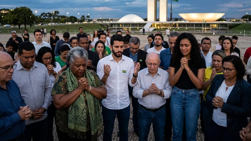 Grupo de pessoas de olhos fechados e mãos juntas rezando diante de edifício com duas torres.