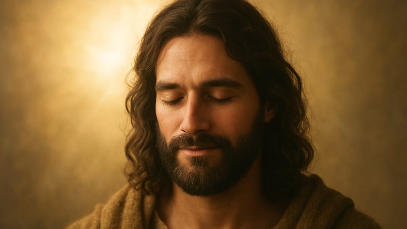 Homem de cabelos longos e barba, olhos fechados, usa túnica clara e manto marrom.