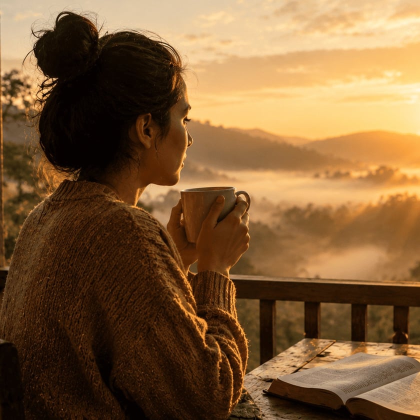 Mulher de coque e suéter segura uma caneca numa varanda, olhando as montanhas ao amanhecer.